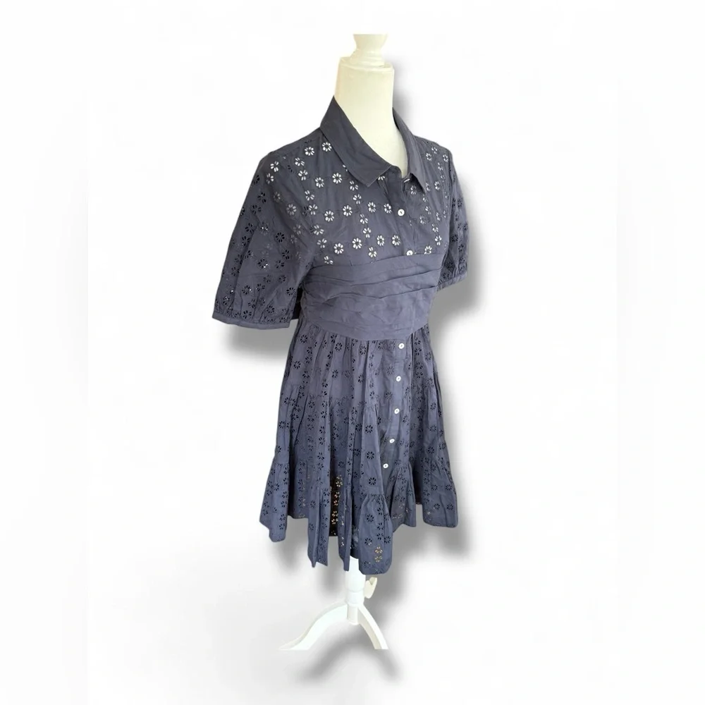 Cinq a Sept NWT‎ Alexie Dress 100% Cotton Navy Eyelet Lace Tie Mini Dress Size 8